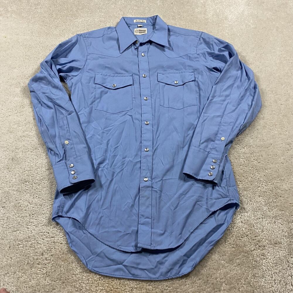VTG Stetson Pearl Snap Shirt Mens M Blue Long Sleeve Western Saddle Tail USA